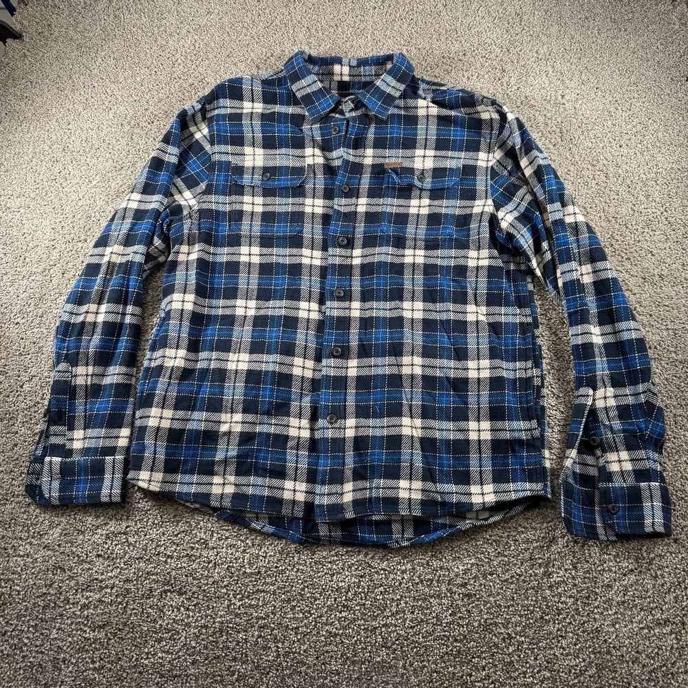 Orvis Flannel Shirt Men XL Blue Plaid Baggy Fit Classic Casual Long Sleeve Heavy